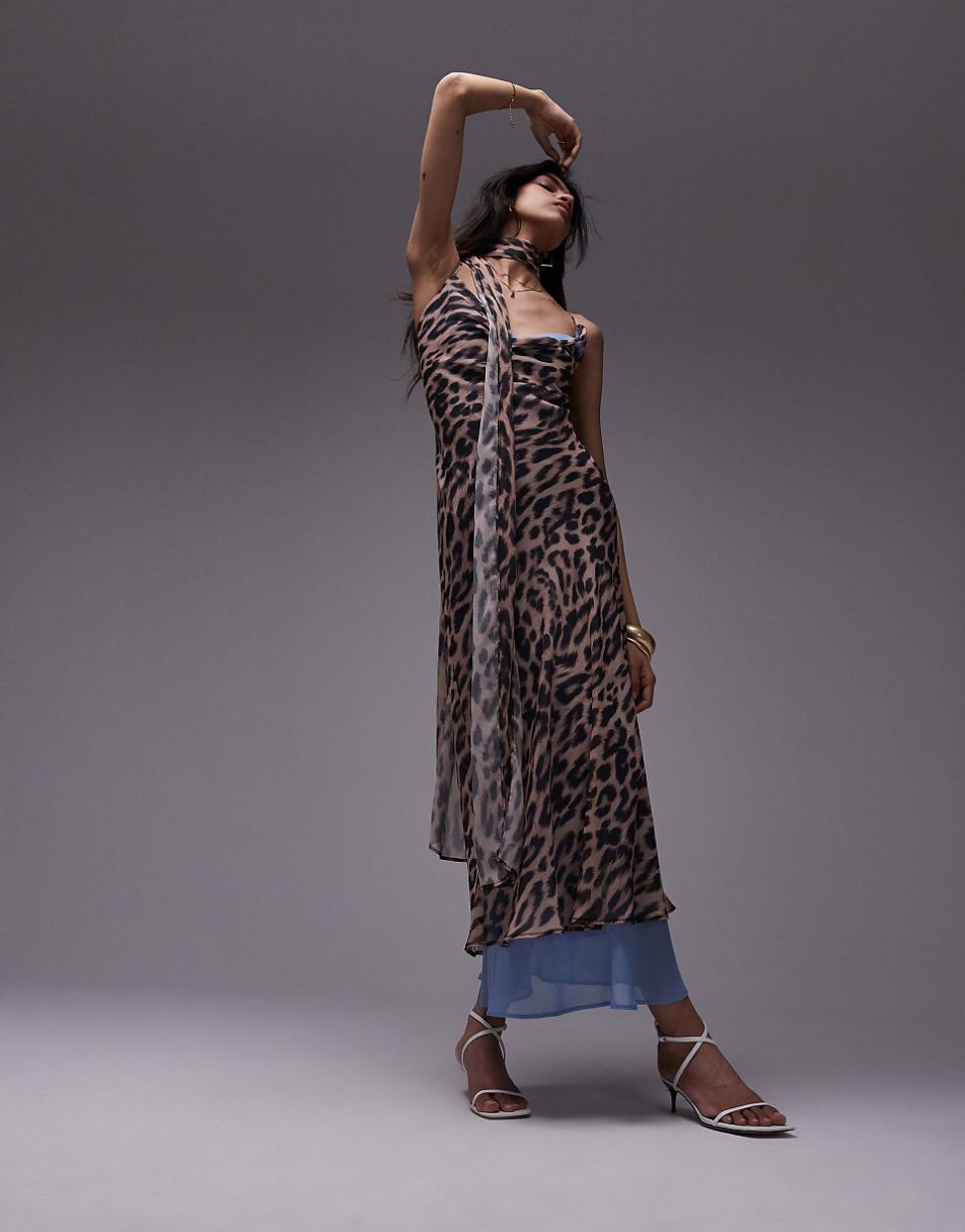 Topshop chiffon cowl slip dress in leopard with blue print chiffon with scarf