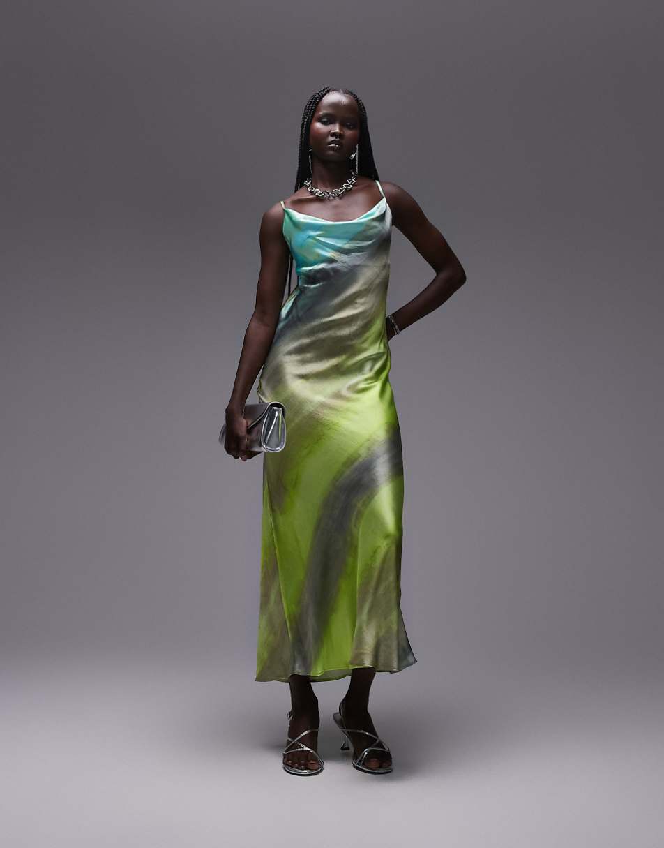 Topshop cowl slip midi dress in green tie dye print