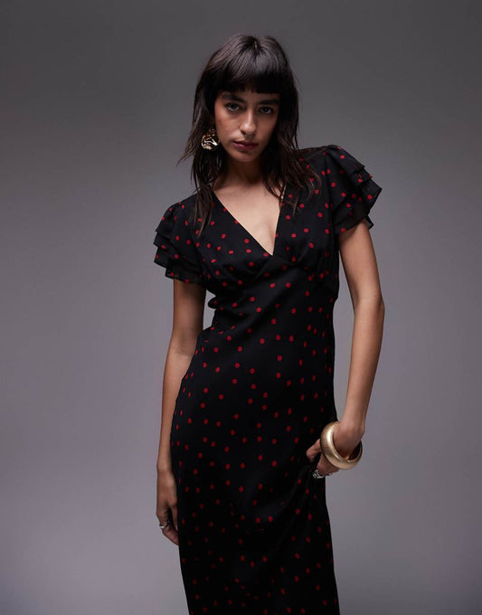 Topshop flutter sleeve occasion dress in black and red spot