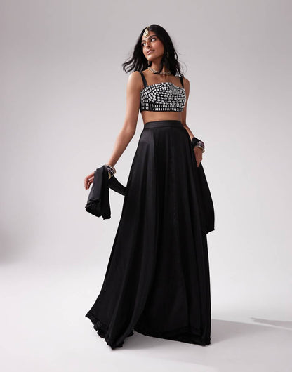 Kanya London Lehenga full flare frill skirt & dupatta in black - part of a set