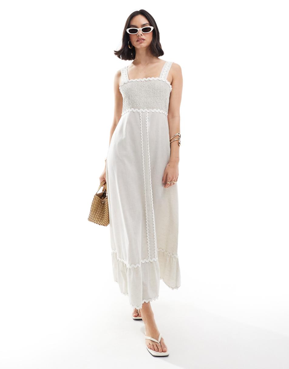 ASOS DESIGN midi linen sundress with contrast rick rack trim in oatmeal