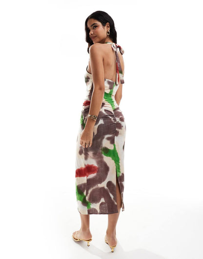 ASOS DESIGN racer neck midi dress with rope drawstring ties in blurred abstract print