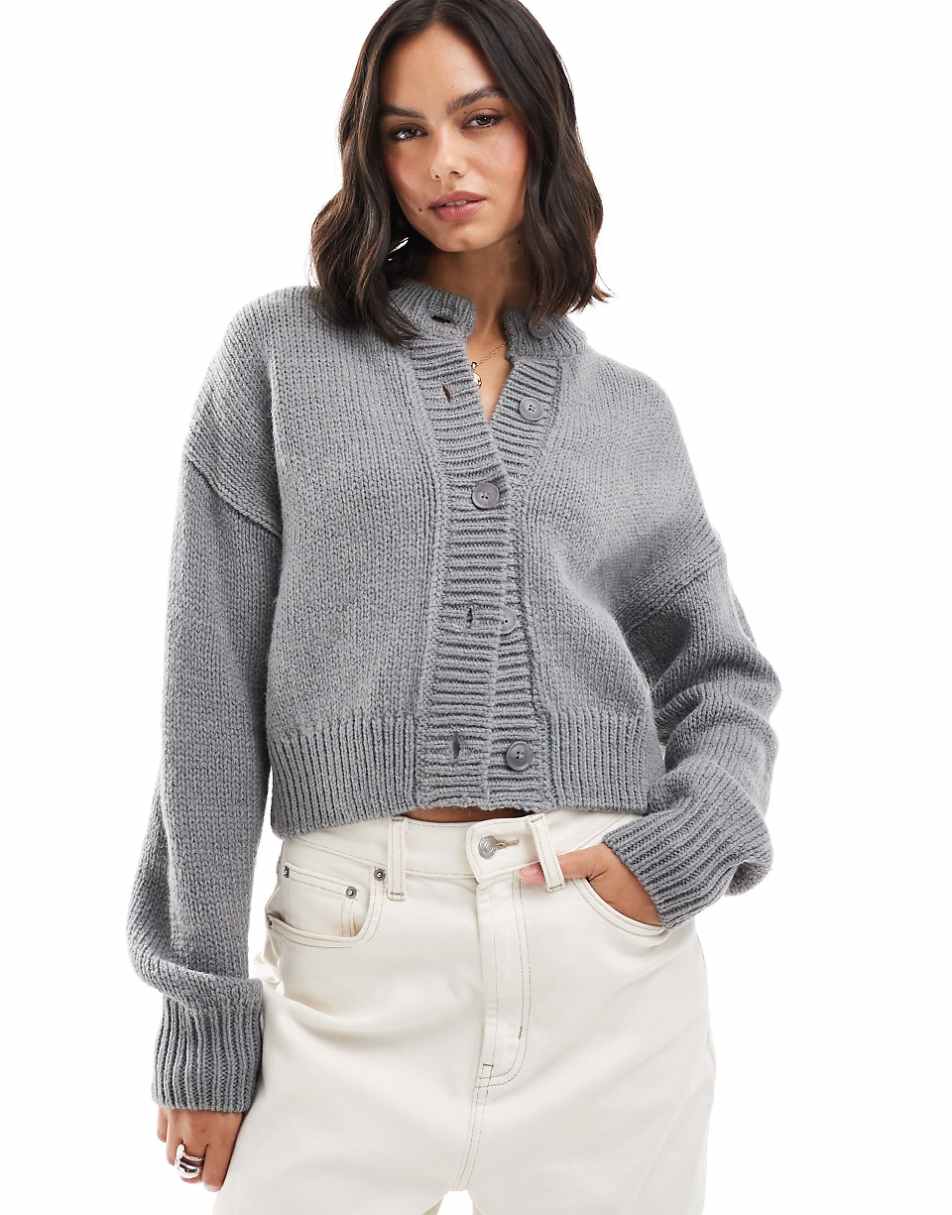 ASOS DESIGN crop crew neck cardigan in gray