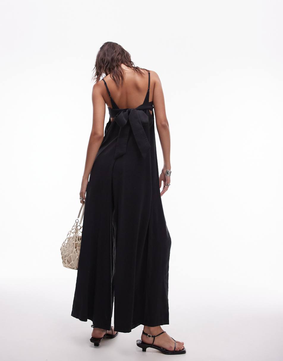 Topshop wide leg cami jumpsuit with tie back in black cupro