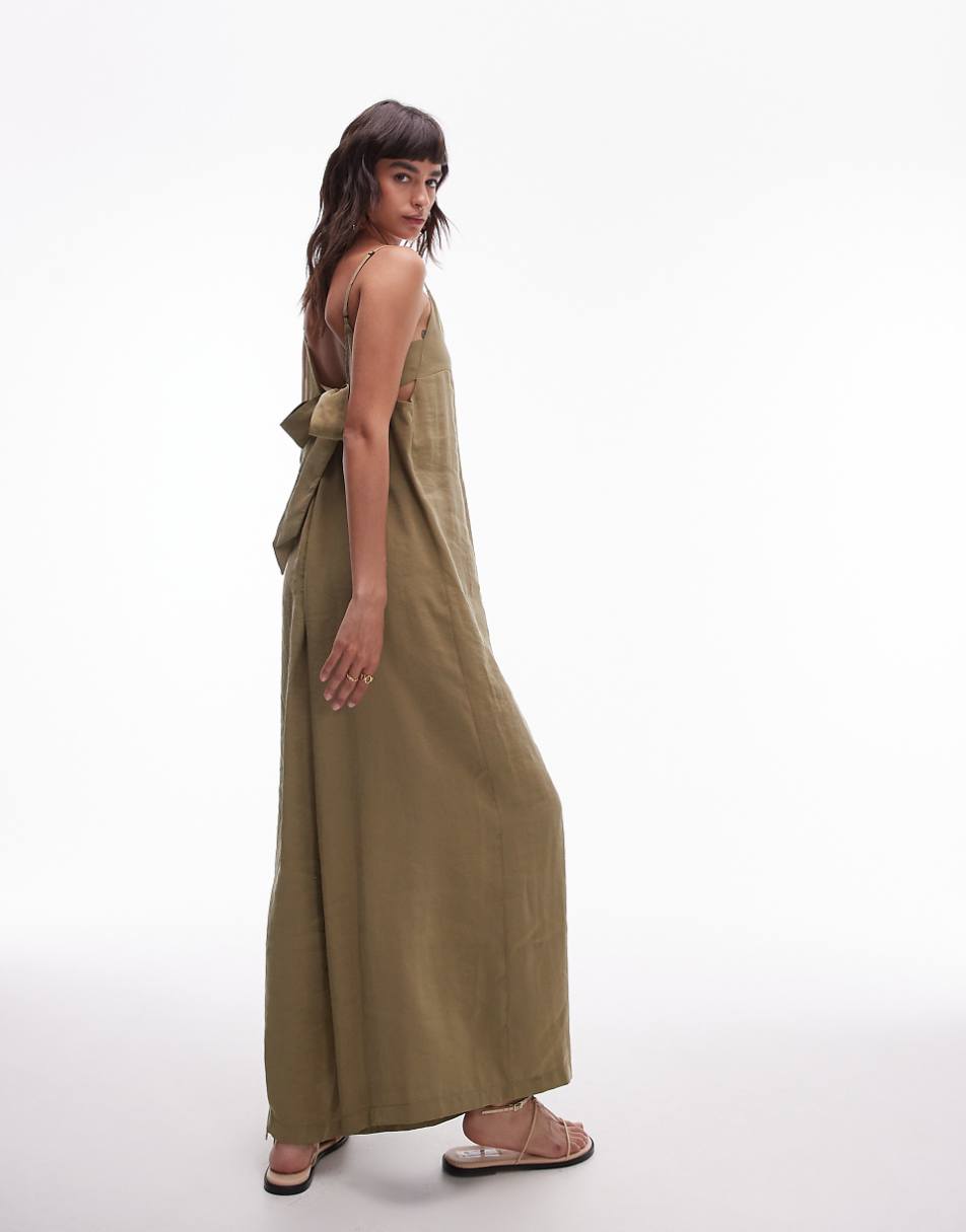 Topshop cami wide leg jumpsuit with tie back in khaki