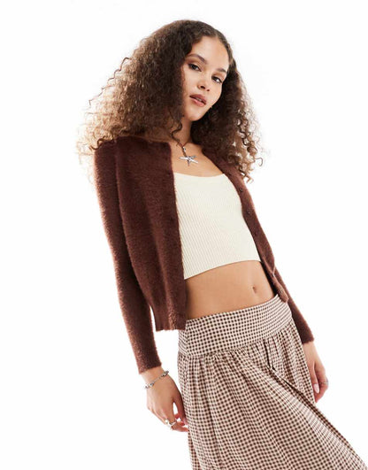 Daisy Street fluffy knit micro cardigan in chocolate