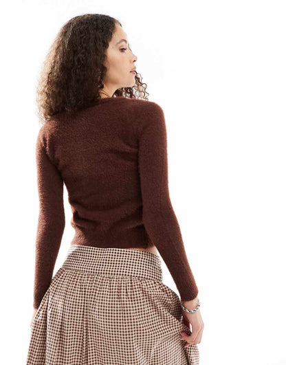 Daisy Street fluffy knit micro cardigan in chocolate