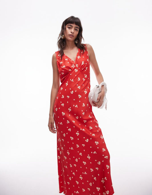 Topshop double v midi slip dress in red ditsy print