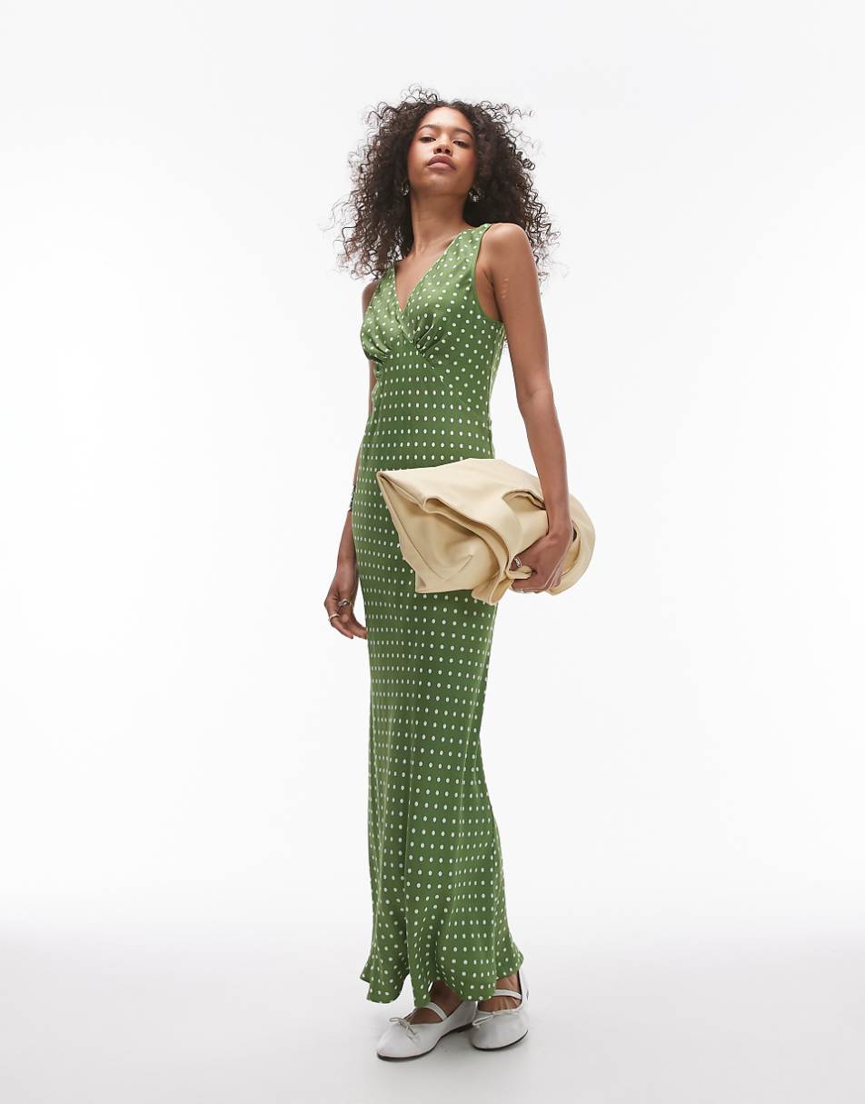 Topshop v neck midi length slip dress in olive spot