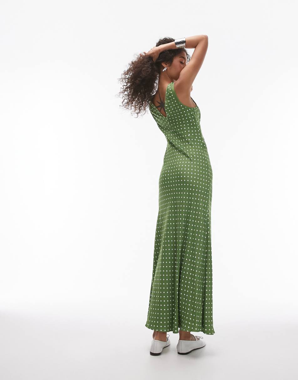 Topshop v neck midi length slip dress in olive spot