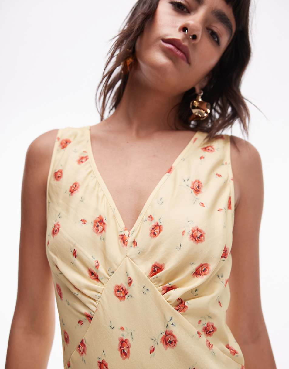 Topshop v neck midi length slip dress in yellow and red rose print