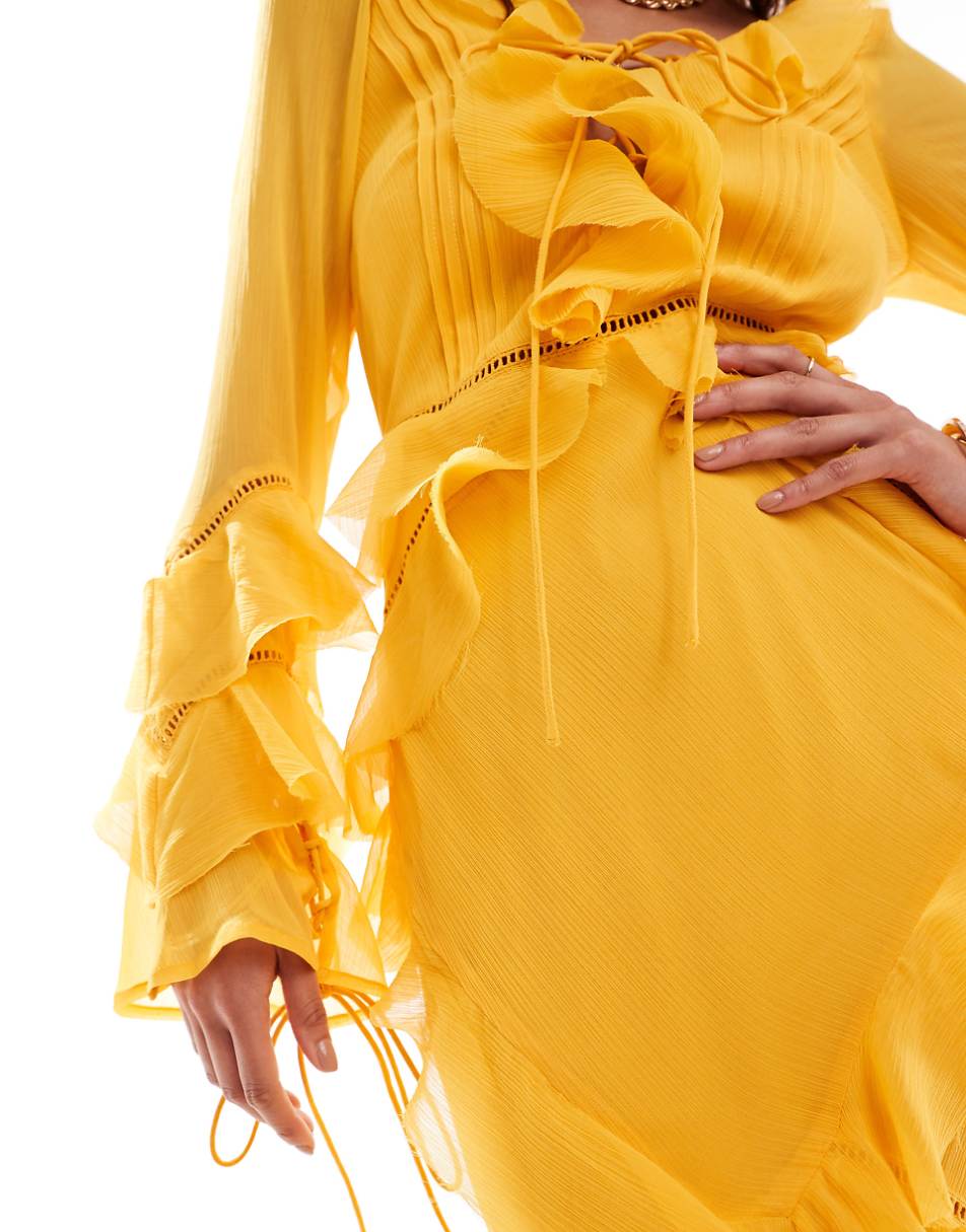 ASOS DESIGN long sleeve ruffle maxi dress with lace inserts in yellow