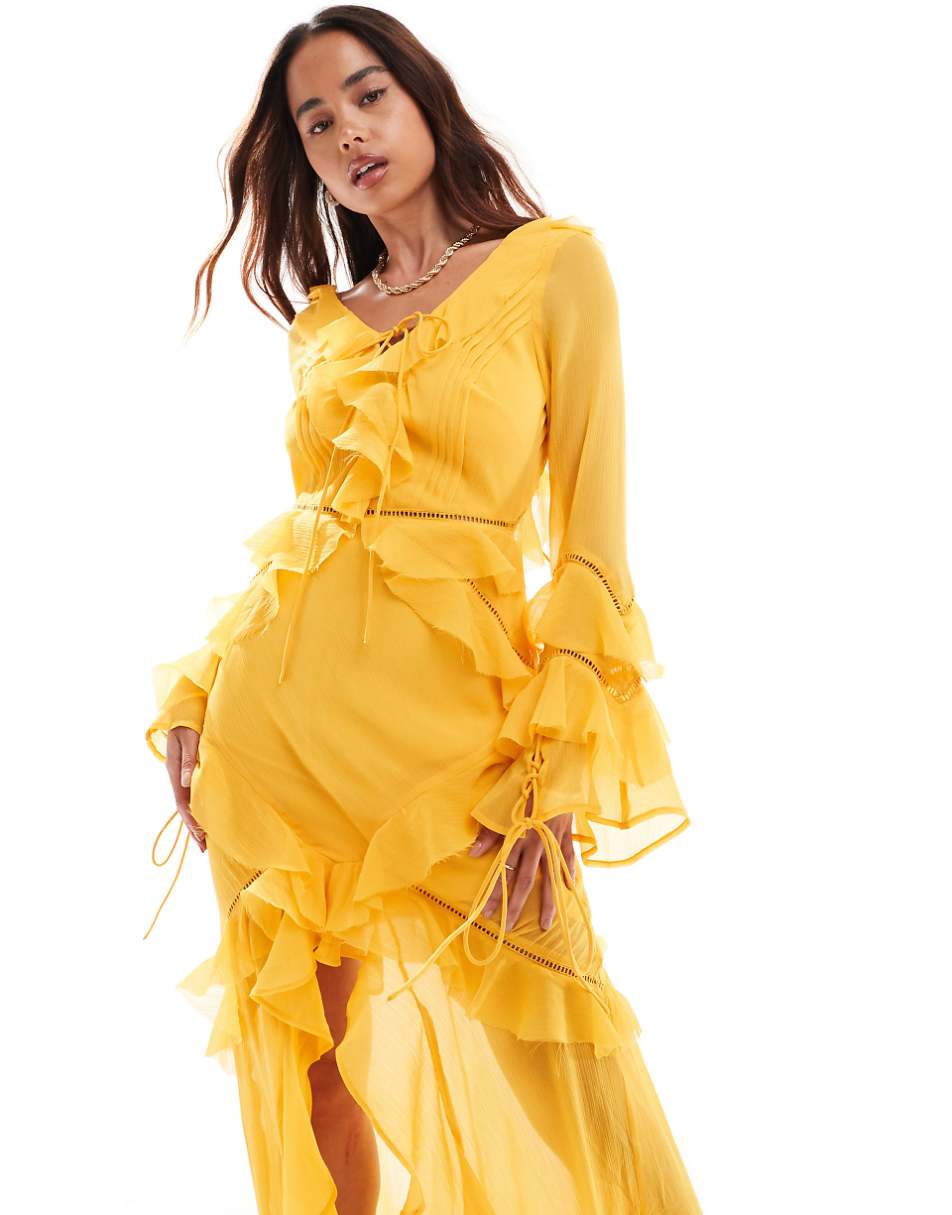 ASOS DESIGN long sleeve ruffle maxi dress with lace inserts in yellow