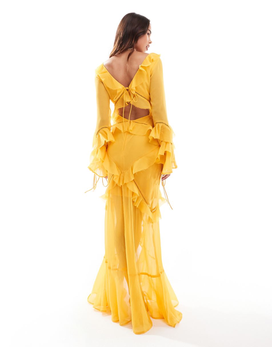 ASOS DESIGN long sleeve ruffle maxi dress with lace inserts in yellow