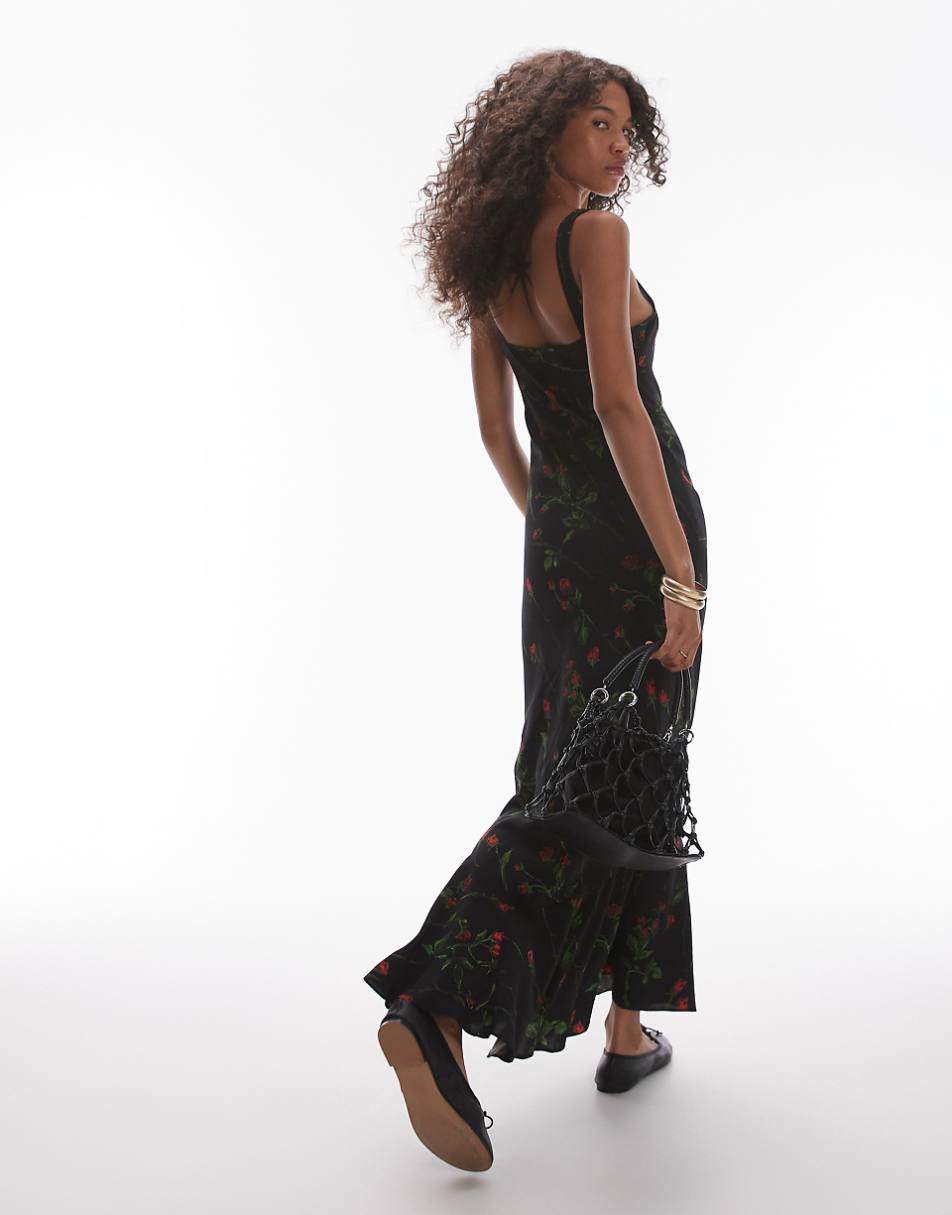 Topshop fluted hem slip midi dress in dark floral