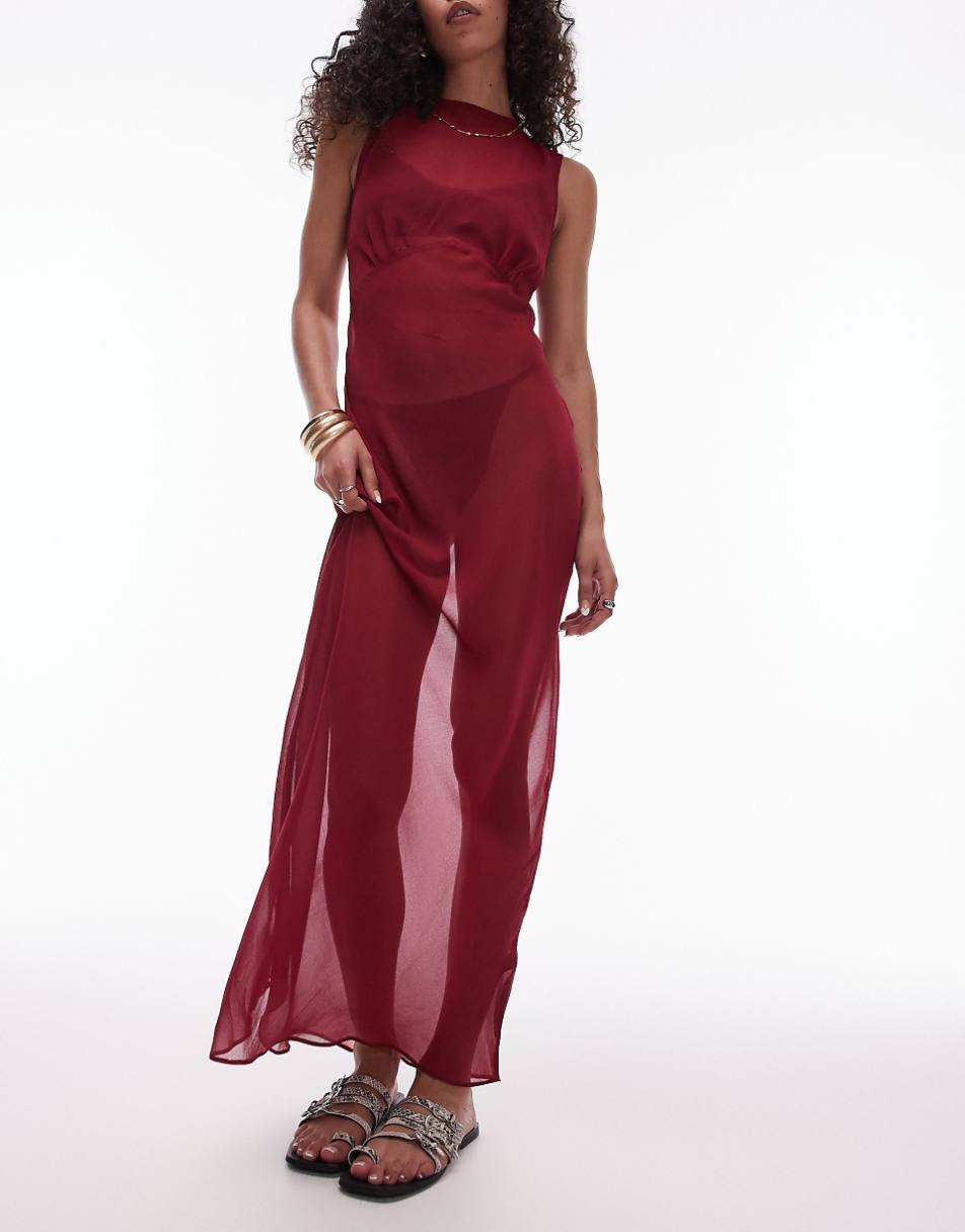 Topshop beach sheer bias maxi dress in cherry red