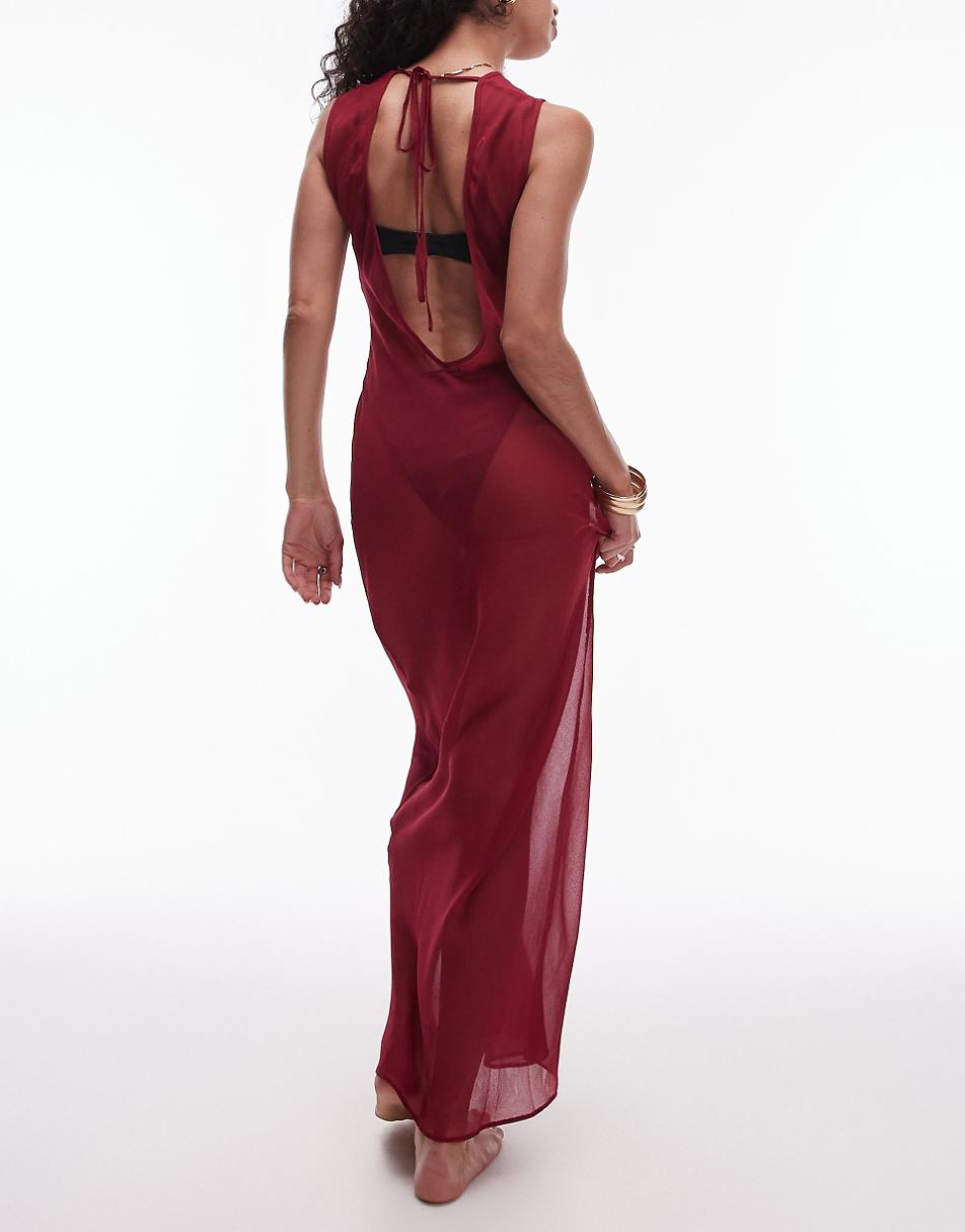 Topshop beach sheer bias maxi dress in cherry red