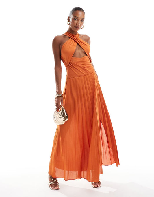 ASOS DESIGN cross strap halter pleated midi dress in burnt orange