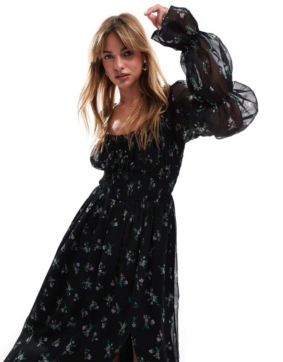 ASOS DESIGN milkmaid long sleeve shirred waist midaxi dress in floral print