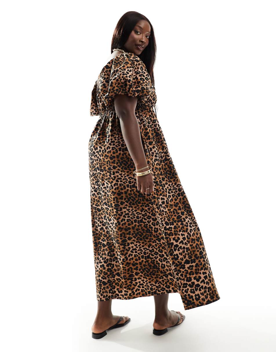 ASOS DESIGN Curve puffed sleeve smock midi dress in leopard print