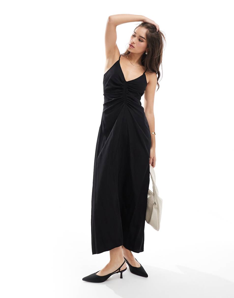 YAS cami maxi dress with ruched front in black