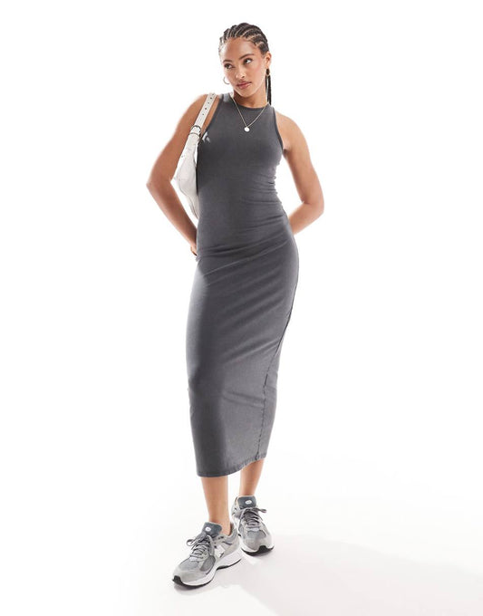 Pull&Bear racer neck midi dress in washed charcoal gray