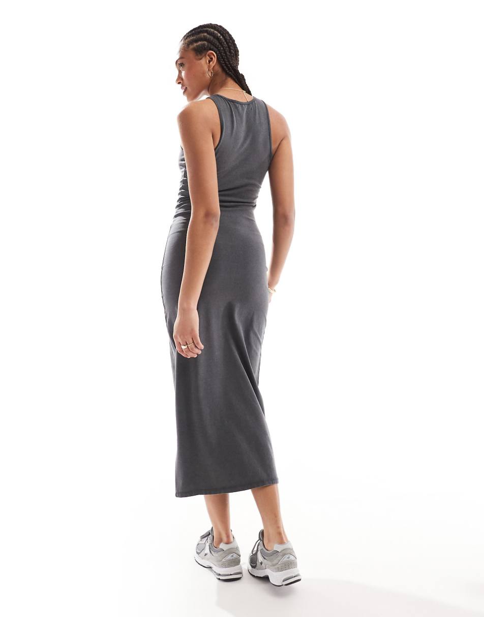 Pull&Bear racer neck midi dress in washed charcoal gray