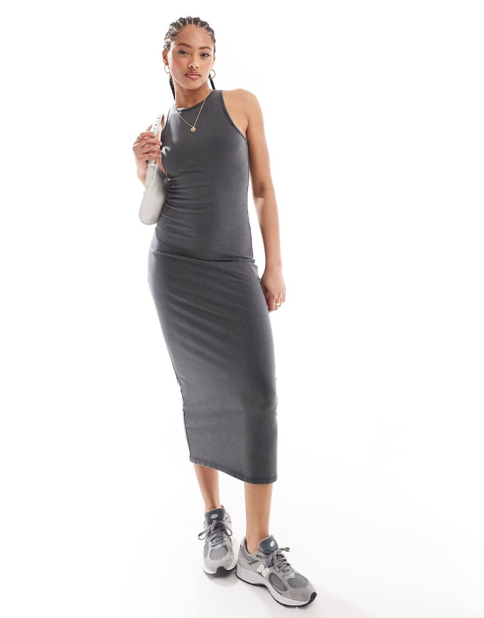 Pull&Bear racer neck midi dress in washed charcoal gray