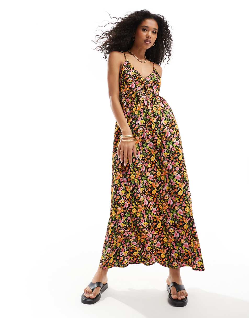 Vero Moda maxi cami dress with cut-out in black floral print