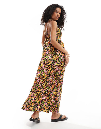 Vero Moda maxi cami dress with cut-out in black floral print