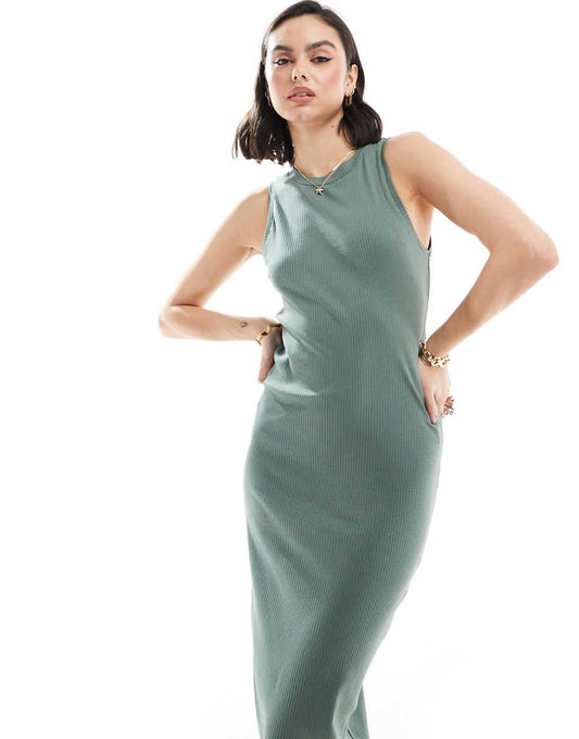 Vero Moda Aware ribbed racer neck midi dress in green