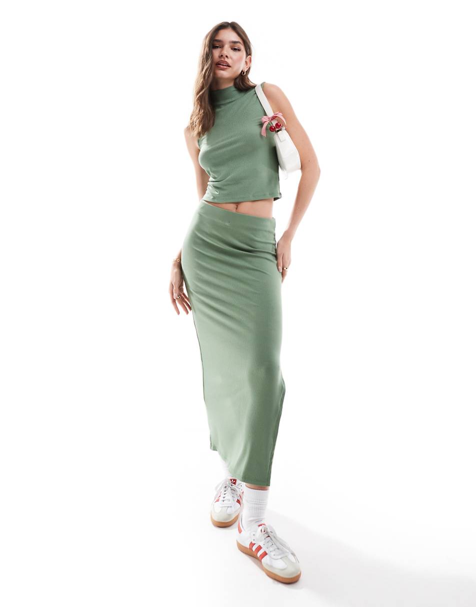 Vero Moda ribbed column maxi skirt in sage green - part of a set