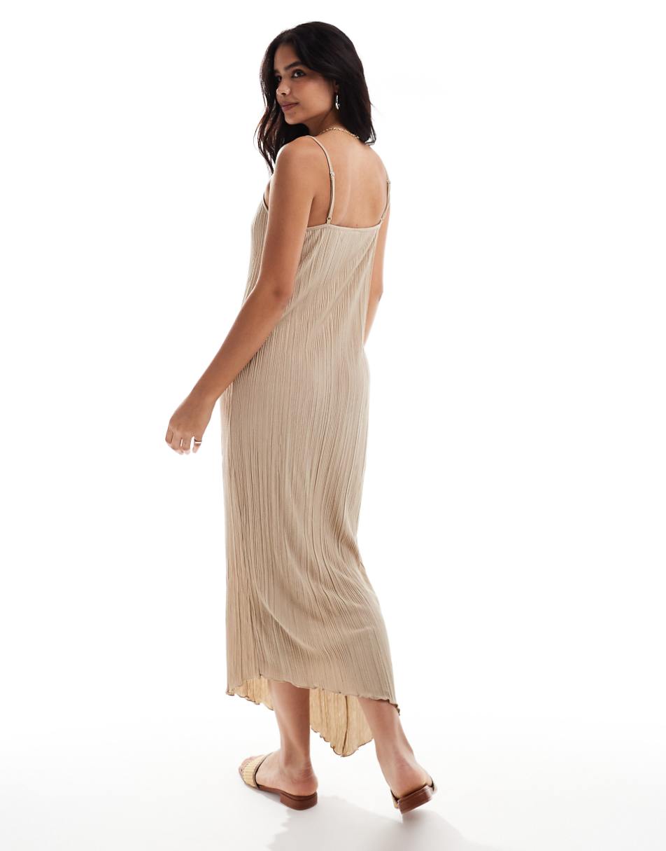 Vero Moda plisse jersey maxi dress with asymmetric hem in beige