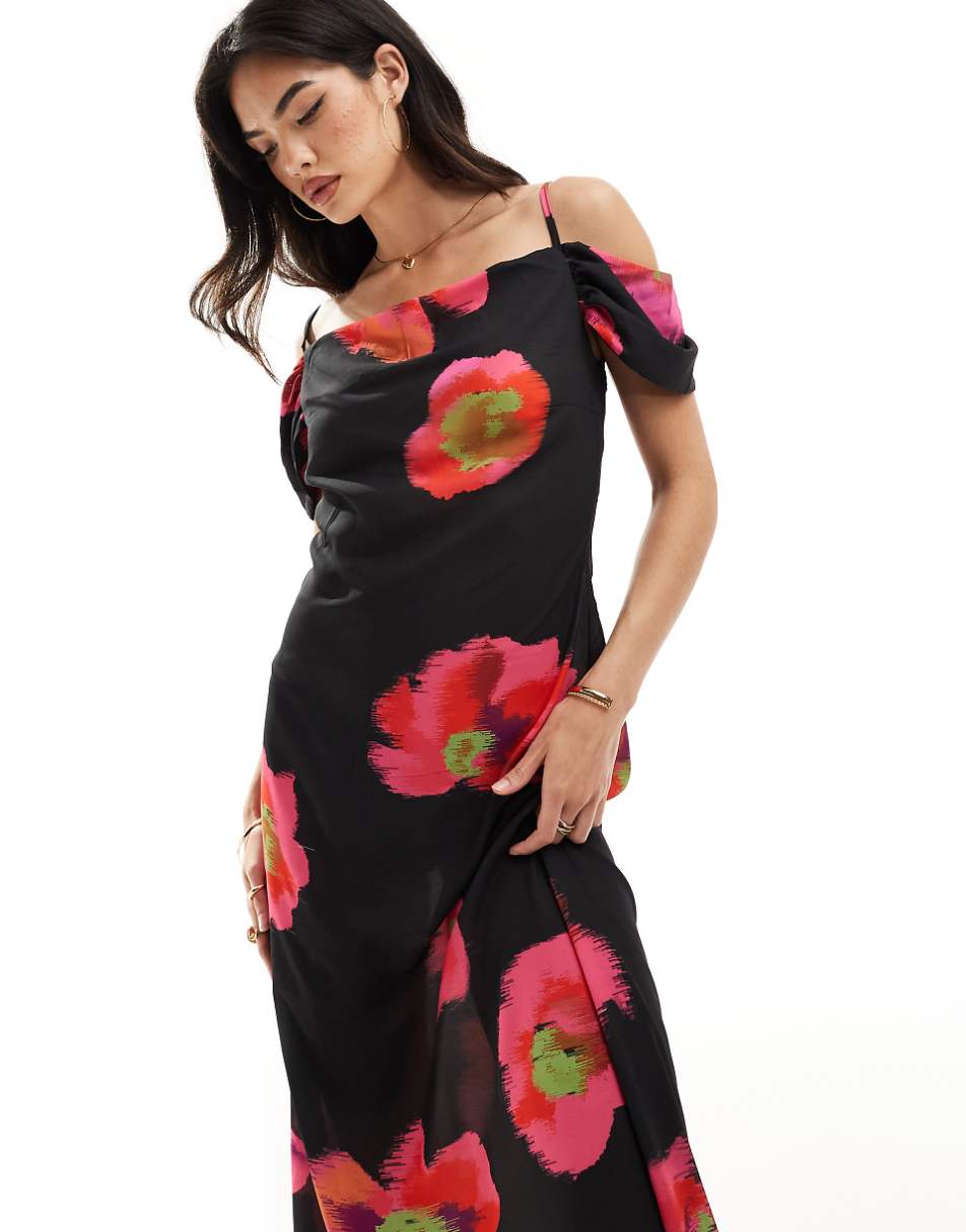 Vero Moda off shoulder maxi slip dress in black and red floral