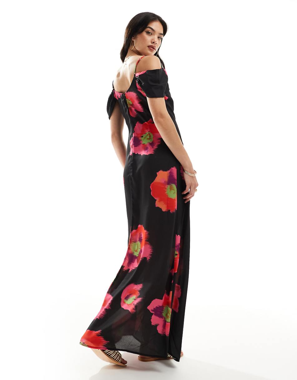 Vero Moda off shoulder maxi slip dress in black and red floral