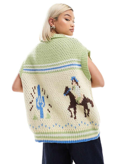 Bailey Rose oversized zip up retro knit vest with cowboy print