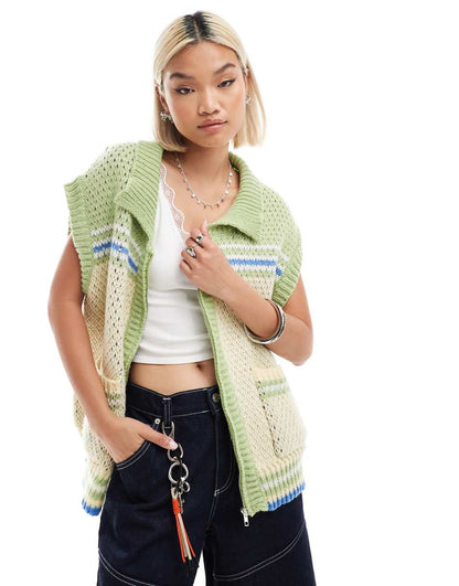 Bailey Rose oversized zip up retro knit vest with cowboy print