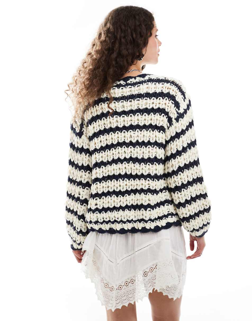 Bailey Rose chunky knit open cardigan in black/cream stripe