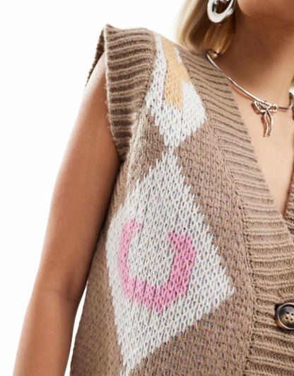 Bailey Rose relaxed knitted retro vest with cowboy jacquard print