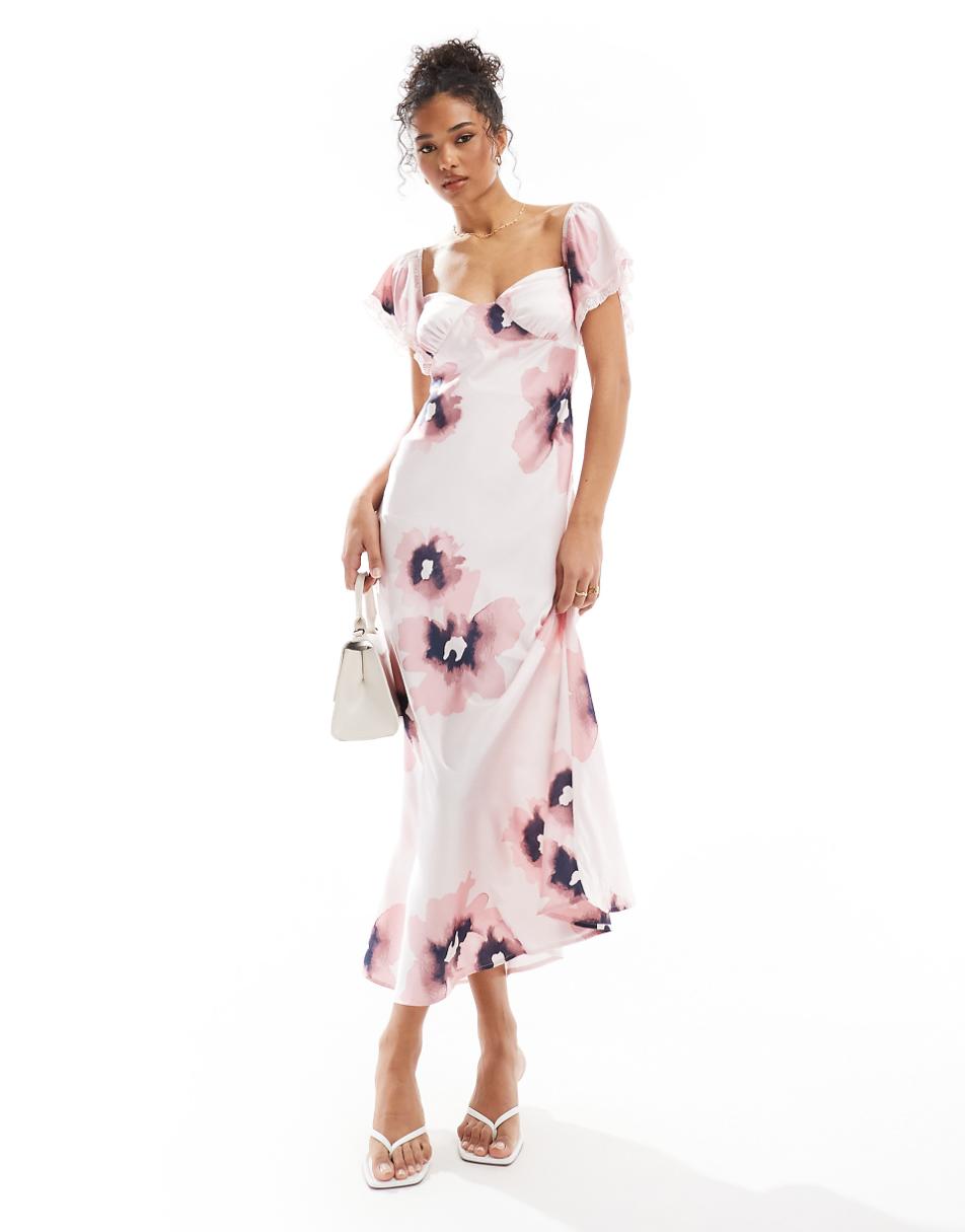 ASOS DESIGN bardot midi dress with lace inserts in pink floral