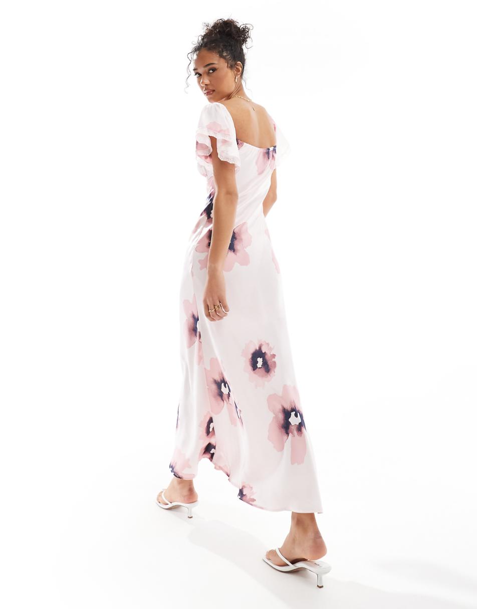 ASOS DESIGN bardot midi dress with lace inserts in pink floral