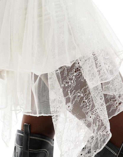 Miss Selfridge festival mesh layered mini skirt in cream