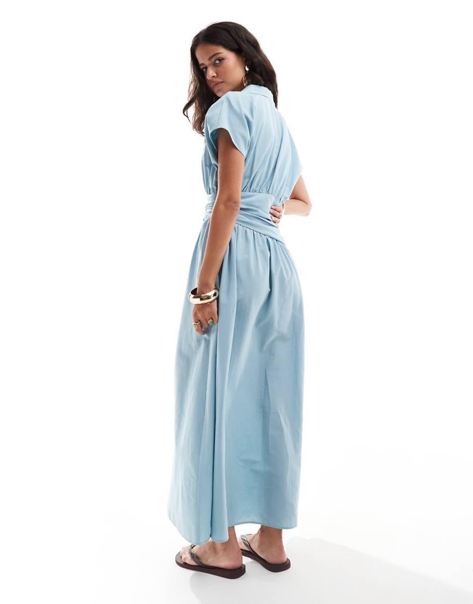 ASOS DESIGN midi shirt dress with wrap around waist and revere collar in blue