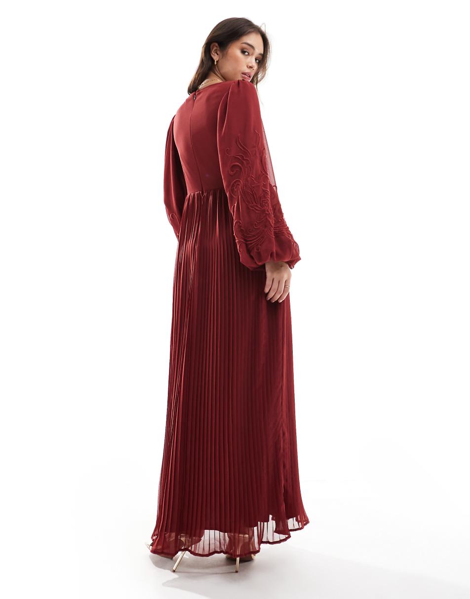 ASOS DESIGN cutout embroidery pleated maxi dress in burgundy