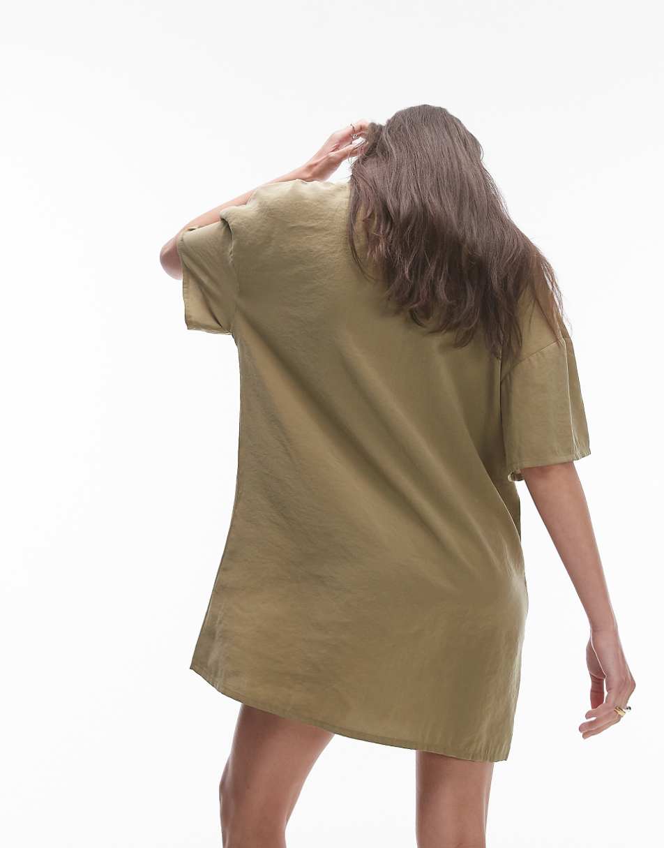 Topshop button down mini shirt dress in khaki