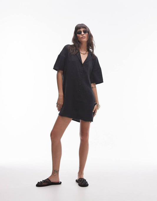 Topshop button down mini shirt dress in black