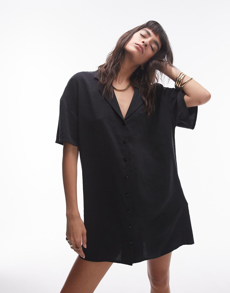 Topshop button down mini shirt dress in black