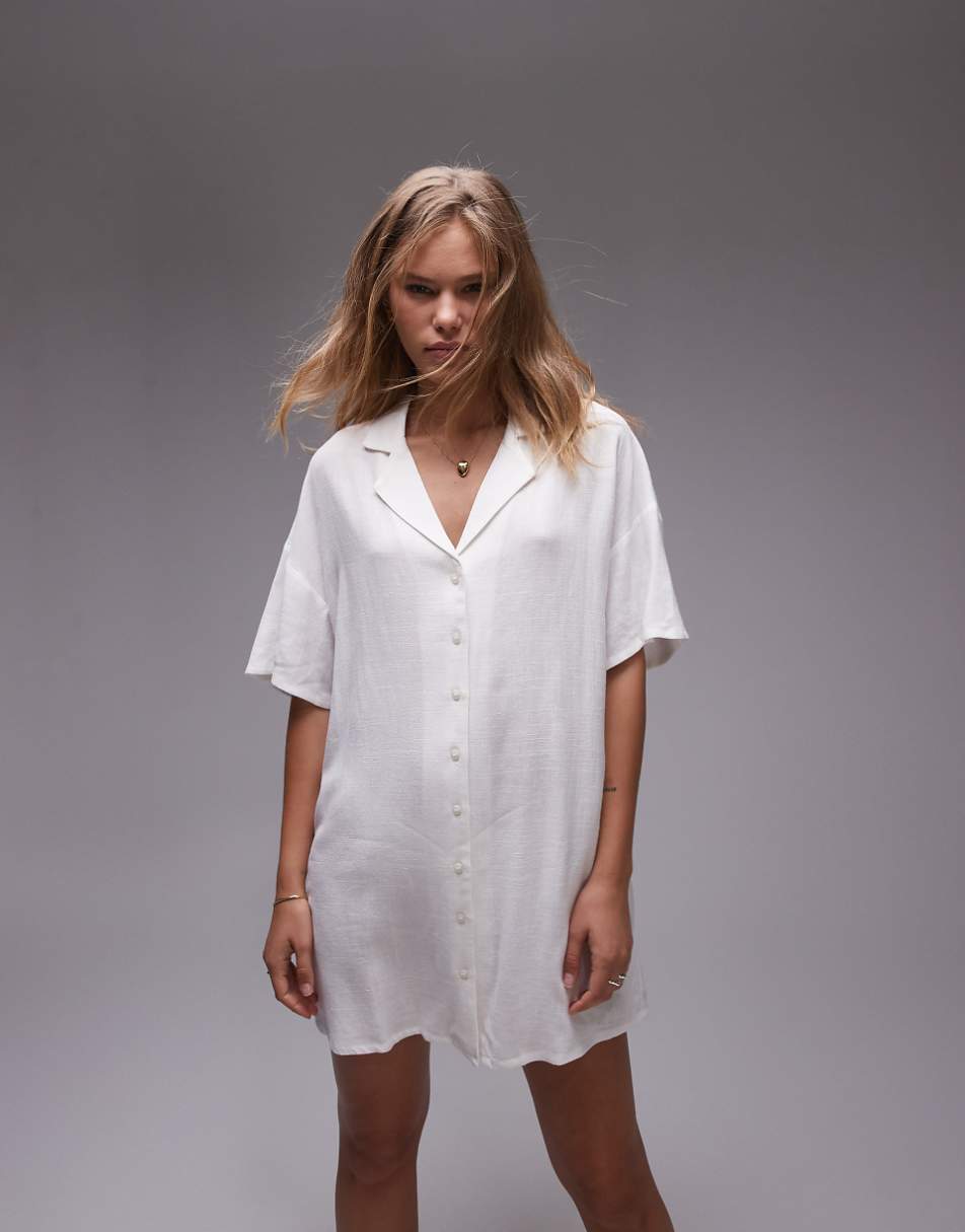 Topshop linen souvenir shirt dress in ivory