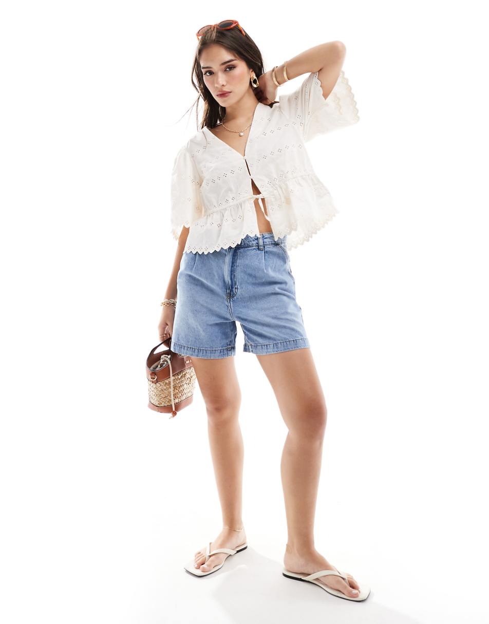 Vila eyelet tie front short sleeve shirt in cream