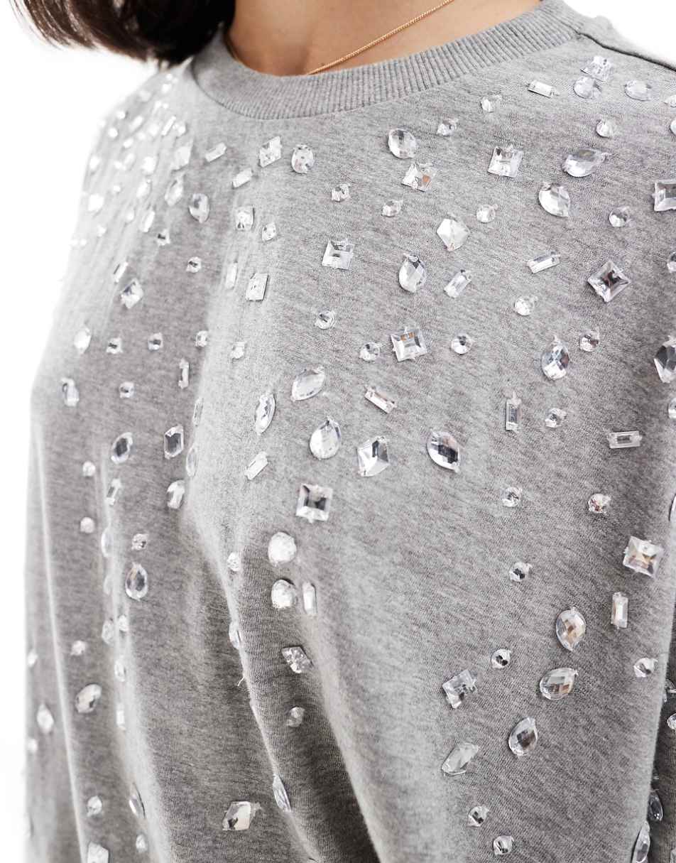 ASOS DESIGN crystal embellished oversized t-shirt in gray